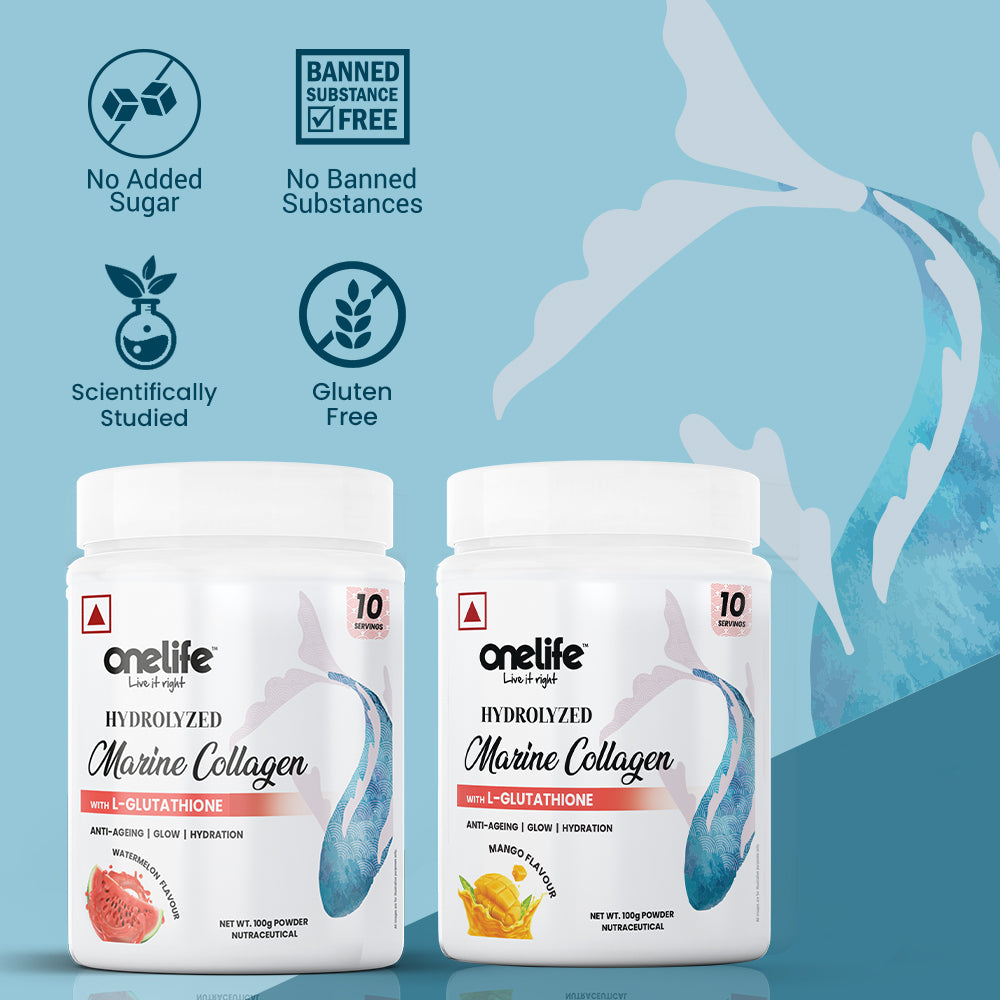 Onelife Hydrolyzed Marine Collagen Powder - Skin & Joint Health, 100g [Non-Veg, Watermelon Flavour, Hydrolyzed Marine Collagen + L-Glutathione, Antioxidants & Vitamins, GMO-Free, Gluten-Free, ]