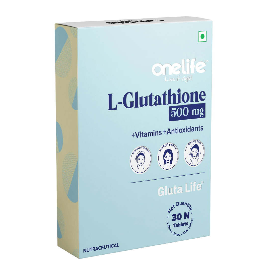 Onelife Gluta Life®: Promotes Anti-Ageing, Skin Radiance, Youthful Skin, Skin Glow & Improved Texture, 30 Tablets, L-Glutathione 500mg with N-Acetyl-L-Cysteine, Grape Seed  Extract, Vitamins C & E, Selenium, GMO-Free