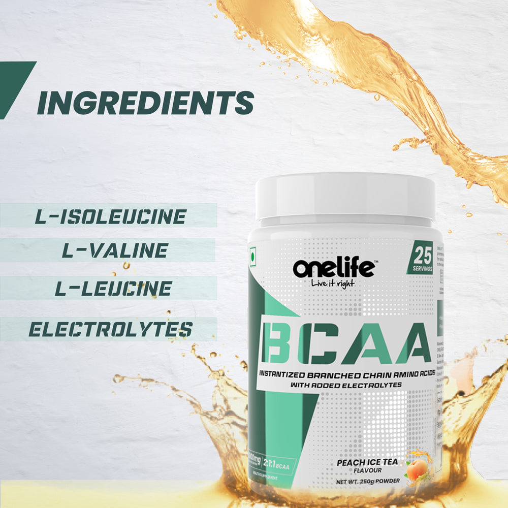 Onelife BCAA 6000 mg: Lean Muscle growth and recovery the right way! , Replenishes Electrolytes - Orange - 250gm (Free from banned substances, GMO and Gluten)