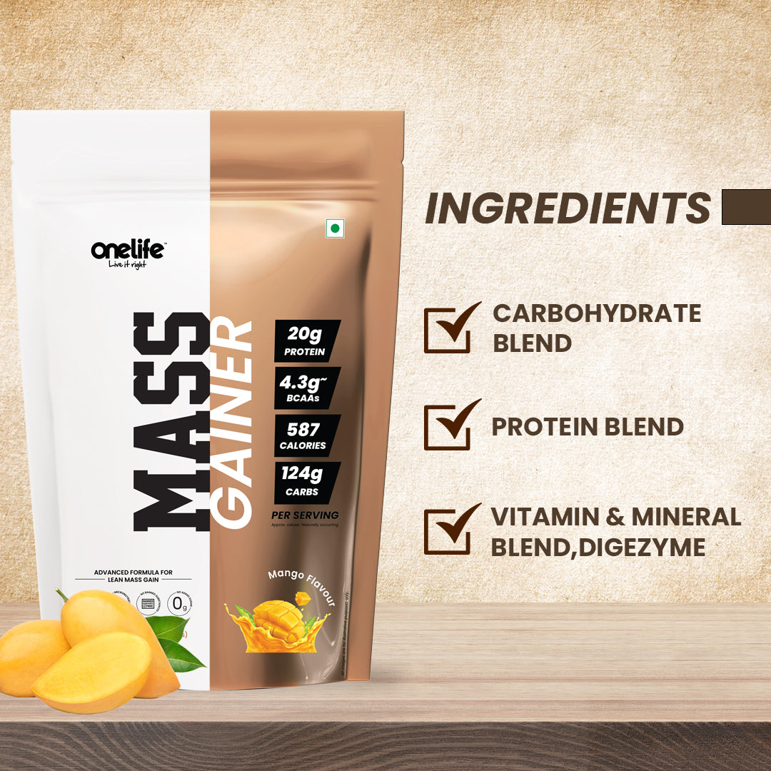 Onelife Mass Gainer For Lean Mass & Muscle Gain with 20+ Micronutrients, DigeZyme®: Mango Flavour - 1kg