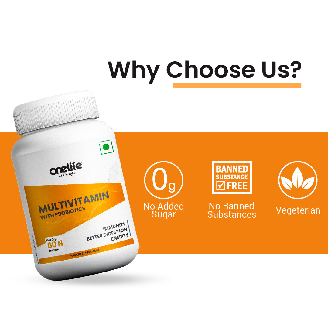Onelife Multivitamin with Probiotics: Multivitamin For Men and Women;12 Vitamins and Minerals, Prebiotic, Probiotics; Supports Immunity, Energy and Gut Health; 60 Tablets.