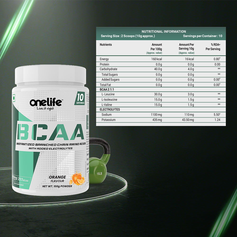 Onelife BCAA 6000 mg: Lean Muscle growth and recovery the right way! , Replenishes Electrolytes - Orange - 100gm (No Banned substances, GMO and Gluten Free)