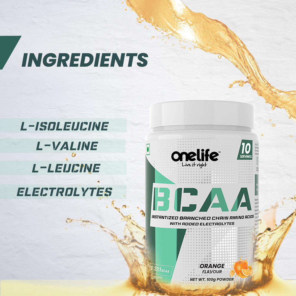 Onelife BCAA 6000 mg: Lean Muscle growth and recovery the right way! , Replenishes Electrolytes - Orange - 100gm (No Banned substances, GMO and Gluten Free)