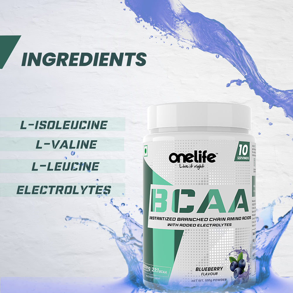 Onelife BCAA 6000 mg: Lean Muscle growth and recovery the right way! , Replenishes Electrolytes - Blueberry - 100gm (Free from banned substances, GMO and Gluten)