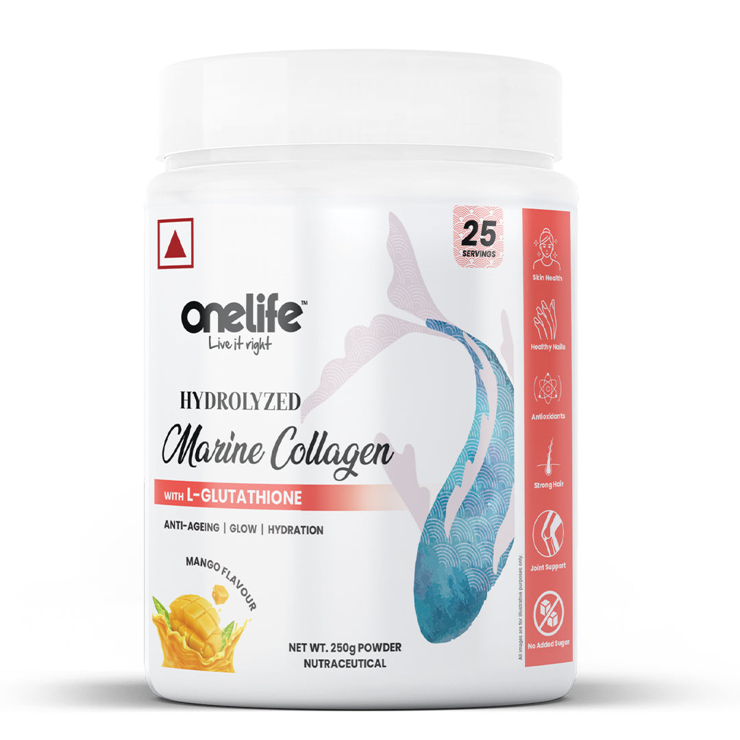 Onelife Hydrolyzed Marine Collagen Powder - Skin & Joint Health, 250g [Non-Veg, Mango Flavour, Hydrolyzed Marine Collagen + L-Glutathione with Antioxidants & Vitamins, GMO-Free, Gluten-Free, ]