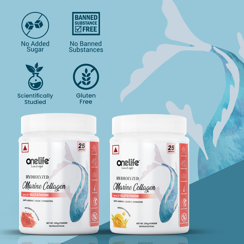 Onelife Hydrolyzed Marine Collagen Powder - Skin & Joint Health, 250g [Non-Veg, Watermelon Flavour, Hydrolyzed Marine Collagen + L-Glutathione, Antioxidants & Vitamins, GMO-Free, Gluten-Free, ]