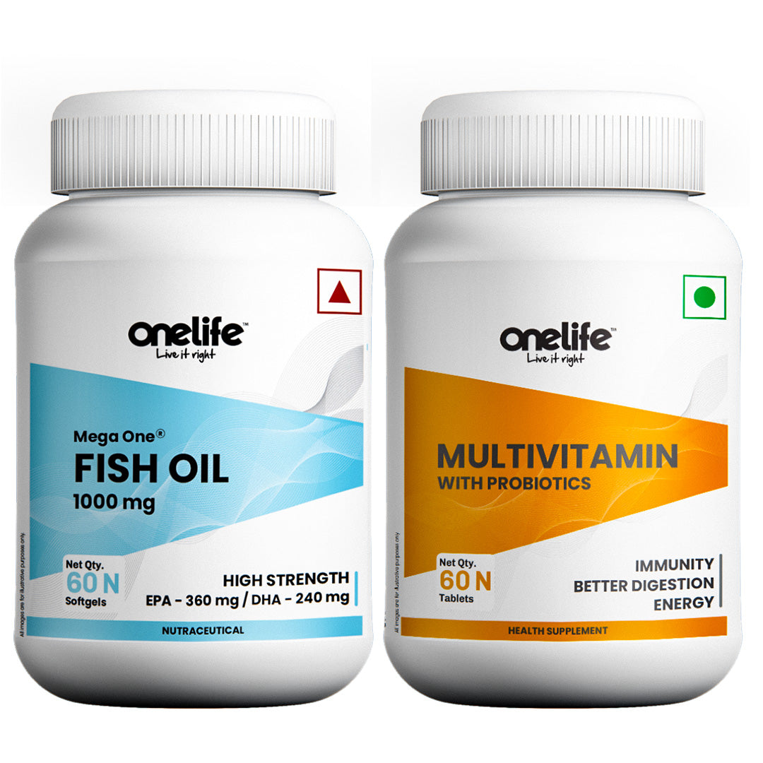 Onelife Best Ever Combo Of Multivitamin with Probiotics & Prebiotic + Mega One Omega 3 Fish Oil High Strength 1000 Mg