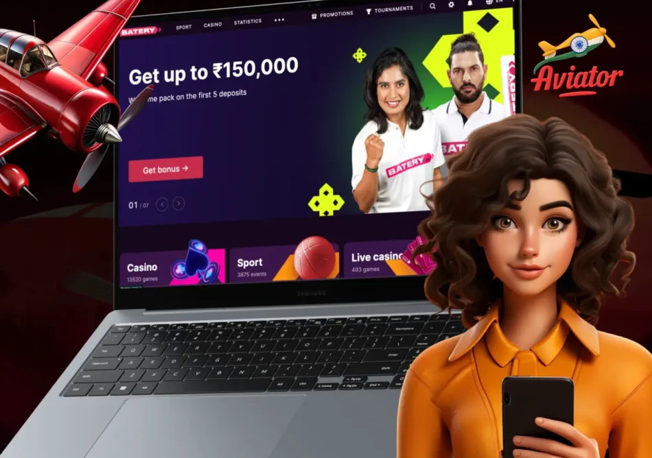 Batery casino home page and woman looking to mobile screen